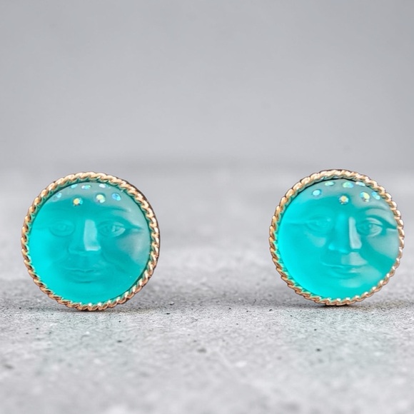 Stunning Kirk's Folly Teal Moon Face Stud Earrings 3/4" Gold Tone Celestial NEW - Picture 3 of 5